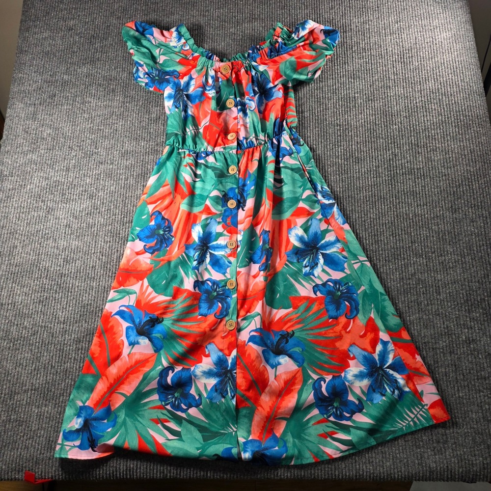 YMHY Women Tropical Floral Button Down Off Shoulder Midi Dress Size M